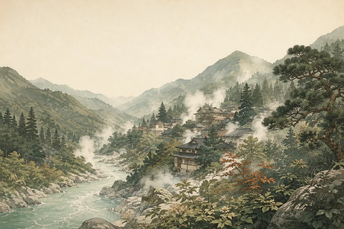 山あいの川と湯けむりに包まれた温泉街のイラスト
